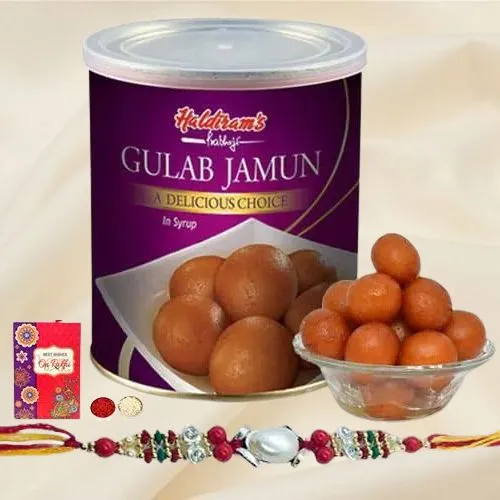 Lip-smacking Fresh Haldiram Gulab Jamuns with 2 Rakhis and Roli Tilak Chawal