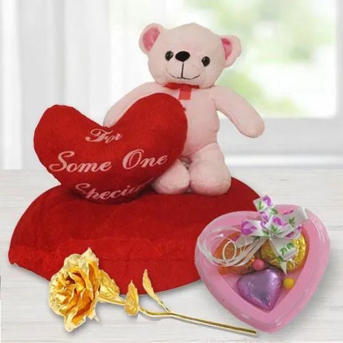 Eye Catching Eric on Heart Love Teddy with a Golden Rose and 3 Pcs Heart Shape Chocolates