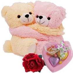 Order Hugging Couple Teddy with Rose and Homemade Chocolates