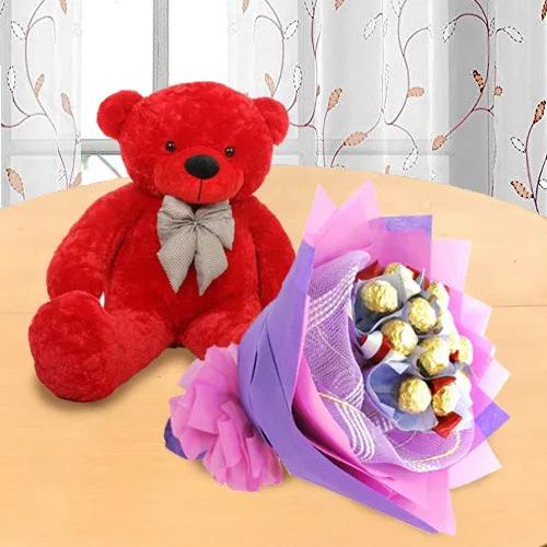 Lovely Red Teddy with Ferrero Rocher Bouquet