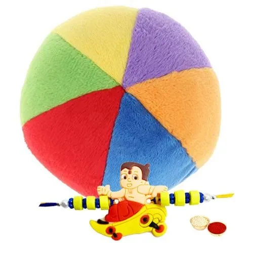 Part Multi  Colored Balls for Kids with Chota Bheem Rakhi and Roli, Tilak and Chawal.
