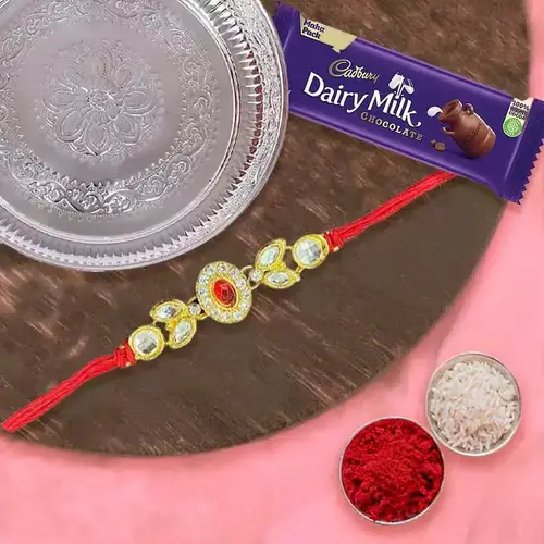 Silver Plated Rakhi Thali with One Rakhi with one Dairy Milk