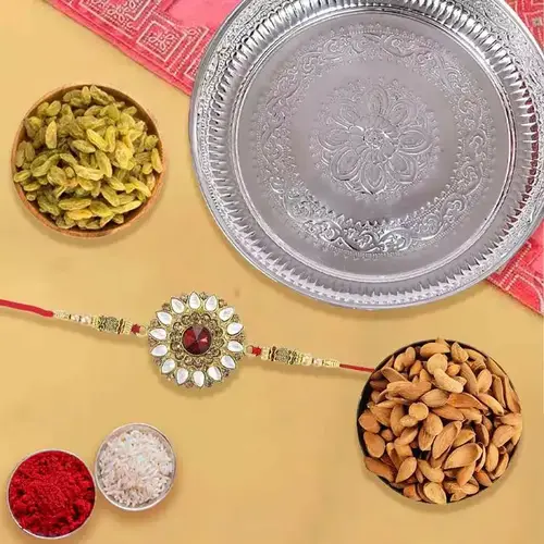 Silver Plated Rakhi Thali with One or More Rakhi Options with Dry Fruits