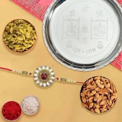 Silver Plated Rakhi Thali with One or More Rakhi Options with Dry Fruits