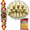 4 Om Rakhi with 500 Gms. Kaju Pista Roll n 170 Gms. Haldirams Bhujia