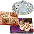 Silver Plated Rakhi Thali with 4 Rakhis, 250 Gms. Haldirams Soan Papri n 200 Gms. Cashew Nut, Almonds and Resins