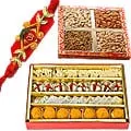3 Om Rakhi with 450 Gms. Assorted Sweets n 300 Gms. Dry Fruits
