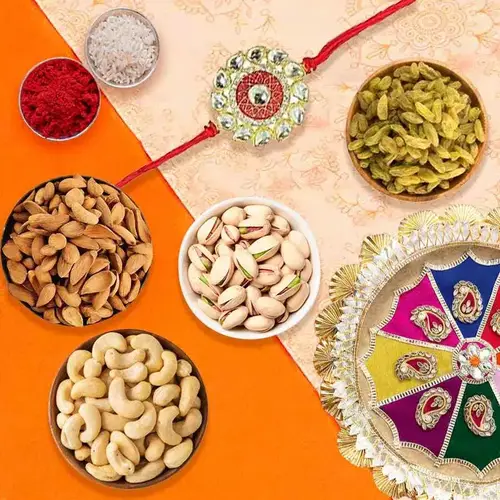 One Rakhi with Thali and Almonds, Raisen, Cashews & Pistas