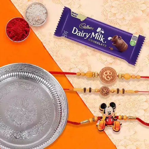 Silver Plated Rakhi Thali with 2 Om Rakhi 1 Kids Rakhi and 1 Dairy Milk 95 gr