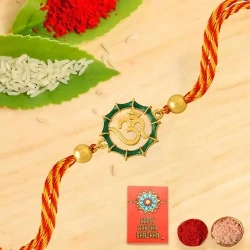 Five OM Rakhi with 5 Chocolates, Roli Chawal and Message card