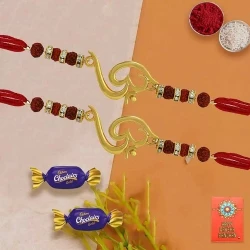 Four OM Rakhi with 4 Chocolates, Roli Chawal and Message card 