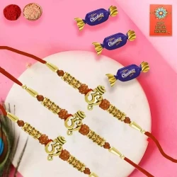  Four OM Rakhi with 4 Chocolates, Roli Chawal and Message card 