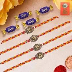 Five OM Rakhi with 5 Chocolates, Roli Chawal and Message card 