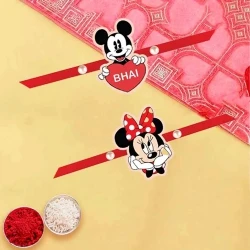 One Mickey and Two Minnie Mouse Rakhi with Roli Tikka 