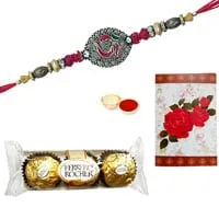 One or More Designer Ethnic Rakhi with 12 Pcs. Ferrero Rocher Chocolates<br /><font color=#0000FF>Free Delivery in USA</font>