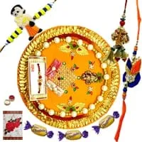 Rakhi Thali with 1 Set Bhaiya n Bhabhi Rakhi,  Kids Rakhi and Chocolates<br /><font color=#0000FF>Free Delivery in USA</font>