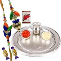 Silver Plated Rakhi Thali with 1 set Bhaiya n Bhabhi Rakhi and Chocolates<br /><font color=#0000FF>Free Delivery in USA</font>