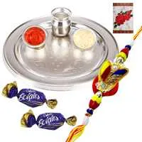 Silver Plated Rakhi Thali with 3 Zardosi Rakhi and 3 Chocolates