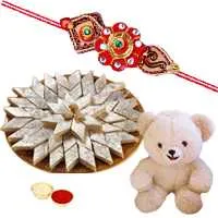 1 Designer Ethnic Rakhi n 1 Kids Rakhi with 8 Inch Teddy Bear n 500 Gms. Kaju Katli