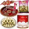 Rakhi Thali with One or More Rakhis, Haldirams Rasgulla, Kaju Pista Roll n Chanachur <br /><font color=#0000FF>Free Delivery in USA</font>