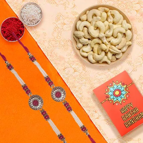 Classy Pair of Rakhis with Crunchy Cashews Roli Tilak N Card