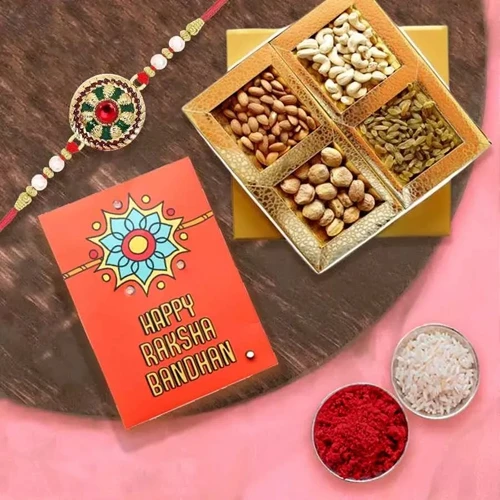 Classy Rakhi with Assorted Dry Fruits Roli Chawal n Card