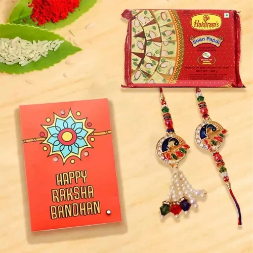 Elegant Bhaiya Bhabhi Rakhi with Haldiram Soan Papdi
