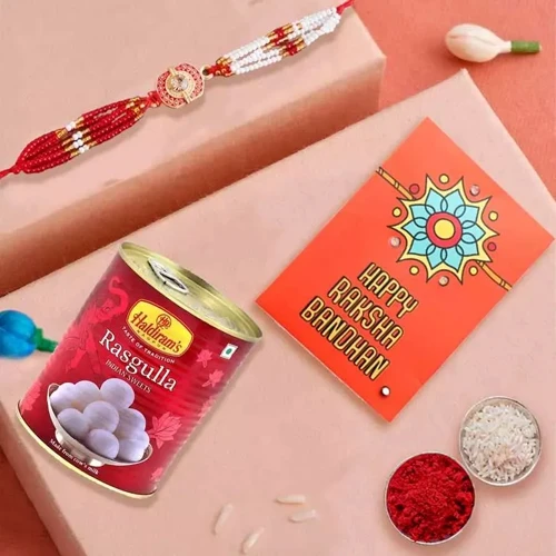 Stylish Rakhi with Haldiram Rasgulla Roli Tika n Card