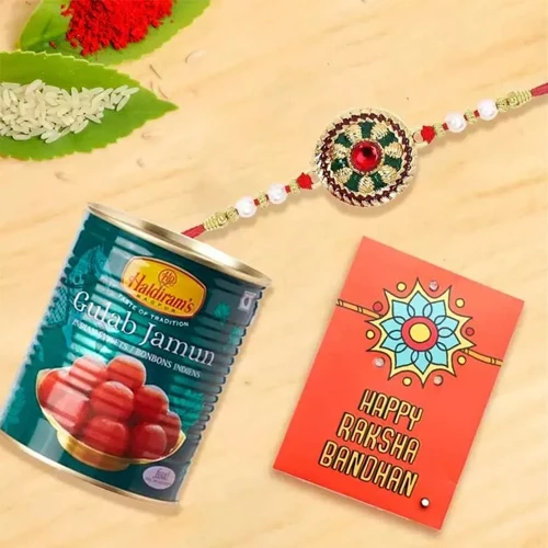 Trendsetting Rakhi with Gulab Jamun n Roli Chawal n Card
