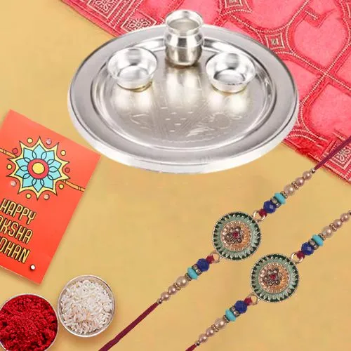 Remarkable Set of 2 Rakhi with Pooja Thali Roli Tika n Card