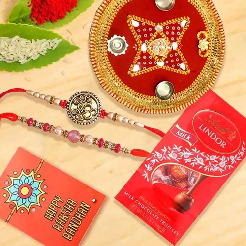 Pious Puja Thali with Rakhi Pair N Lindt Chocolates