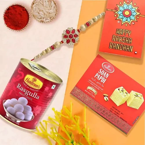 Elegant Rakhi with Sweets and Snacks from Haldiram