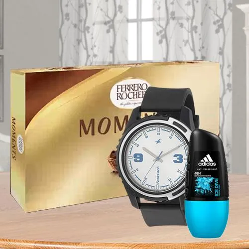 Delightful Combo of Fastrack Watch with Adidas Ice Dive Roll On N Ferrero Rocher