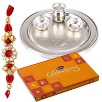 Silver plated thali with Cadbury Celebration Pack and Rakhi