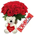 24 Exclusive <font color =#FF0000> Dutch Red </font>   Roses  Bouquet with Cadburys Chocolate and  small teddy bear.