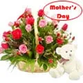 Send Fresh Red and Pink Roses Basket with Cute Teddy Bear for Mothers Day