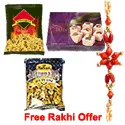 An exclusive Gift Pack containing 400 Gms Soan Papdi, 200 gms Khatta Mitha and  200 Gms All-In-One Mixture with one Free Rakhi.