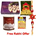 An exclusive Gift Pack containing 1 Kg Rasgulla, 400 Gms Soan Papdi, 200 Gms Aloo Bhujia and  All-In-One Mixture with one Free Rakhi  and  Free Delivery.
