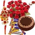 Red Roses, Fresh Cake with Assorted Chocolates and 2 Rakhi