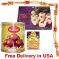 1 Kg.Gulab Jamun, 1 Kg.Soan Papri, Bhujia 200 gms.With 2 free Rakhi. Delivery Time:- 4-5 Day.<br>You may add Rakhi from <a href='Page_details.asp?product_id=R0213&page_name=rakhi_usa'><b><font color=0000ff> Addon</font></b></a> page.