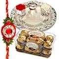 Silver plated Thali with Ferrero Rocher Chocolates with One Rakhi
