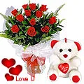 24 Exclusive <font color =#FF0000> Dutch Red </font> Roses  Bunch with Cute Love Teddy Bear