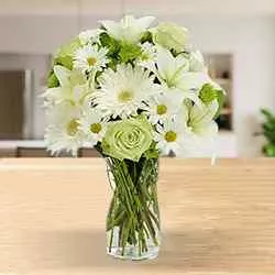 Mixed White Flowers in a Ceramic Pot / Vase